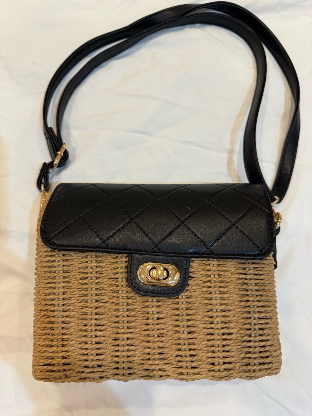 Quilted Flap Woven Crossbody Bag in Black and Tan